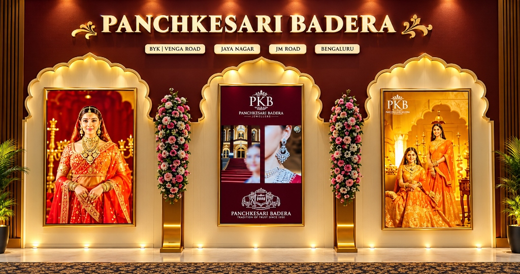 Jaya Media Panchkesari Badera luxury jewelry brand launch backdrop with golden arches, model portraits, and floral pedestals