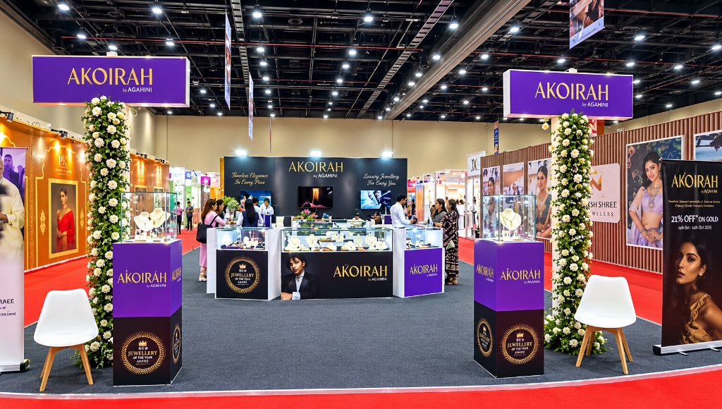 Jaya Media corporate brand expo and luxury jewelry exhibition pavilion with floral entrance columns